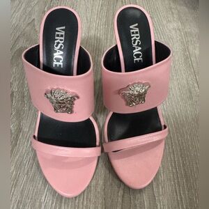 Versace Blush Pink Sandals with Medusa Emblem Heeled Mules